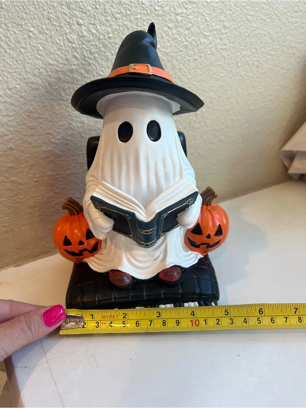 Halloween Ghost Reading a Book Figurine with Pumpkins and Witch Hat